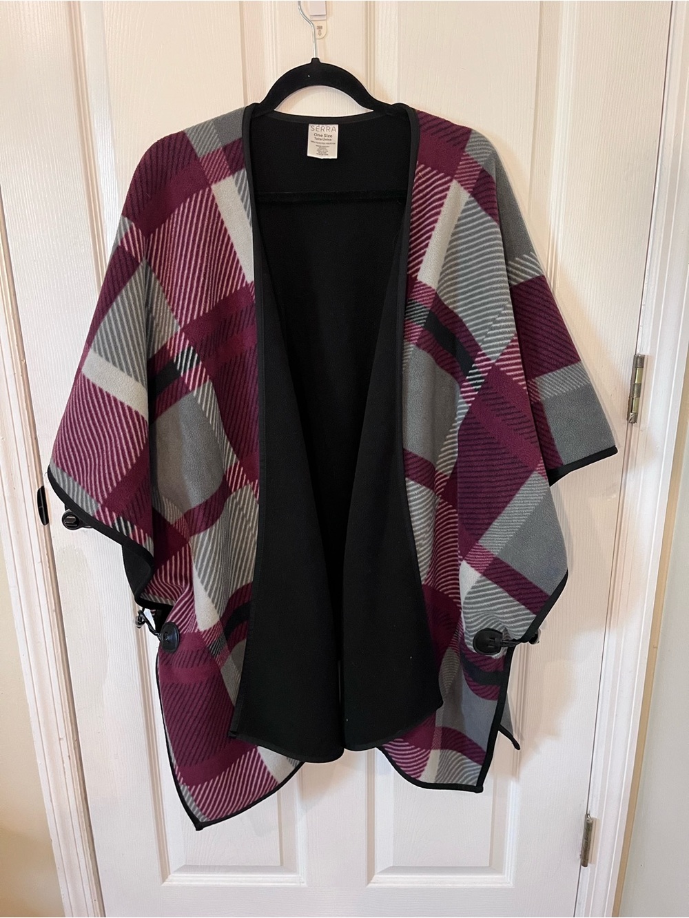 SERRA Plaid Fleece Poncho Cape Wrap Burgundy Gray One Size